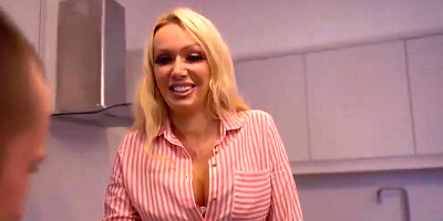 Perverted MILF polishes stepson's dick and gets fucked in the kitchen