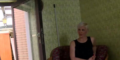 Busty blonde cougar blows two guys and gets fucked by both