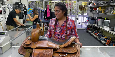 Busty Texas babe Lexie Bandera fucks hard for cash needing some money in pawn shop