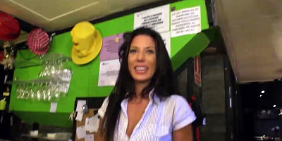 Euro waitress flashes tits and fucked by stranger dude