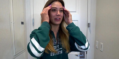 Randy stepbro follows his stepsis with a camera everywhere till she accepts sex offer