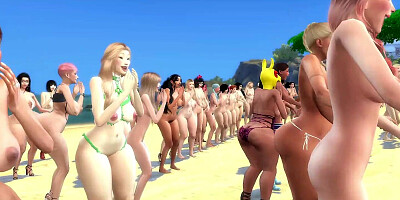 Busty babes posing on the beach in a kinky 3D cartoon