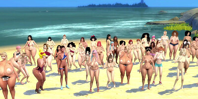 Busty babes posing on the beach in a kinky 3D cartoon