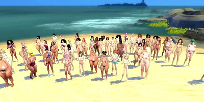 Busty babes posing on the beach in a kinky 3D cartoon