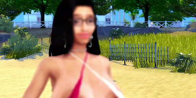 Busty babes posing on the beach in a kinky 3D cartoon