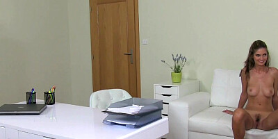 Charming girl is licked and fingered by female agent at lesbian casting