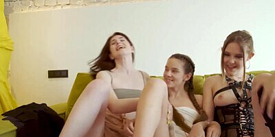 DYKE4K. Lesbian sluts use their tongues and dildo while handcuffed guys sits in the room