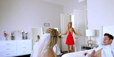 Beautiful bride MILF seduces a stepdaughter and her boyfriend