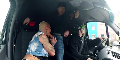 German whore with huge tits and tattoos fucked in the Bums Bus