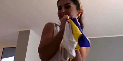 MILF in blue panties sits on cock and rubs her ass on it