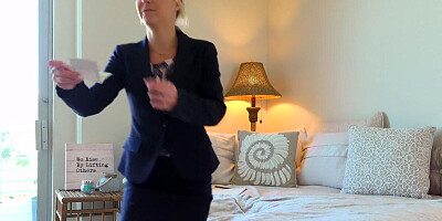Slutty real estate agent Laura Bentley rides a client reverse cowgirl