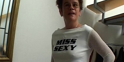 Old grandma is touching her tight pussy on the stairs