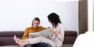 Juicy brunette kisses with her stepbrother and rides his cock