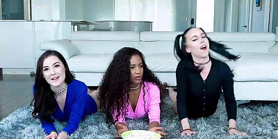 Three lovely girls are fucked by lucky man in interracial 4some