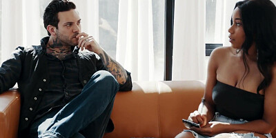 Beautiful ebony chick with big melons gets nailed on the bed