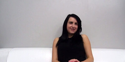 POV scene shows a brunette sucking and riding cock at casting