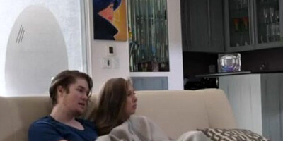 Step Brother Fucks Step Sister in Living Room while Dad is Watching TV