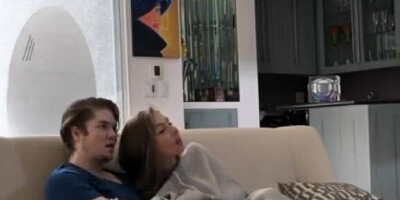 Step Brother Fucks Step Sister in Living Room while Dad is Watching TV