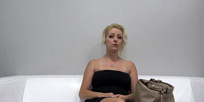 Blonde MILF gets naked at the porn casting and plays with a dildo