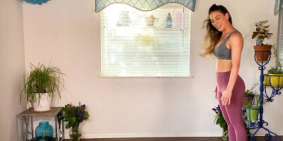 Amateur girl is teaching you yoga and slowly stripping during the exercise