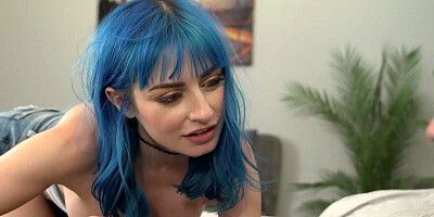 Blue-haired slut adores sucking and fucking the cock of her teen stepbro when she's horny
