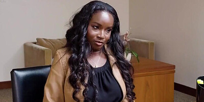 Ebony secretary Naomi Foxxx bends over that table to get cock