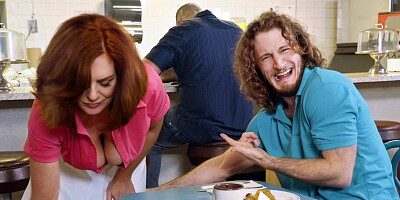 Busty redhead mature waitress flashes tits for a bigger tip