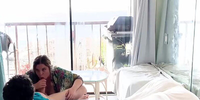 Chubby blonde cougar rides her hung stepson by the window