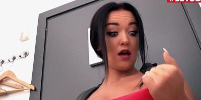 Brunette babe strokes that big pecker and gets fucked so hard