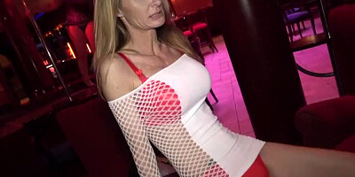 Blonde does a strip dance for a guest and blows him