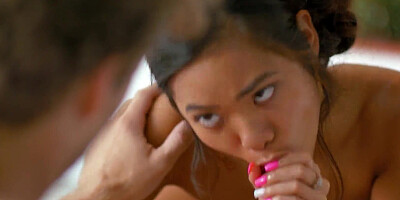 Hot Asian babe with small tits sucks and rides her new friend's stiff cock