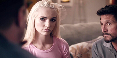 Petite blonde teen was lured into a threesome by her perverted stepdad and his buddy