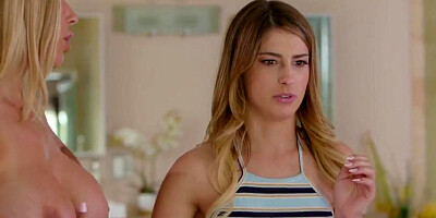 Full-bosomed MILF and petite stepdaughter in a steamy lesbian video