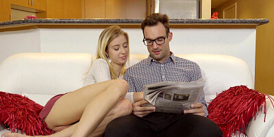 Nerdy stepdad has his cock stroked by his kinky blonde stepdaughter