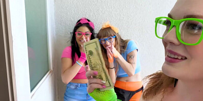 Teen dude has three aroused chicks riding his johnson in a cosplay foursome