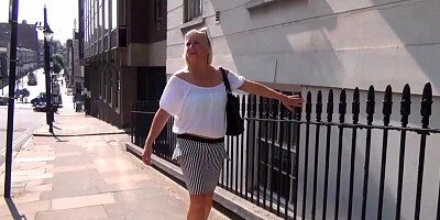 Mature flashing mum outdoors with sexy exhibitionist milf Jerry showing tits and