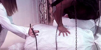Tied up in a storage room and fucked by three women