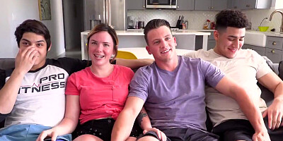 Bisex orgy with three handsome college hunks and a cute teen girl