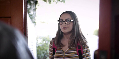 Brunette teen virgin interviews a star quarterback and gets fucked hardcore doggy style