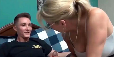 Busty MILF gets jizz all over boobs after being fucked by a stepson