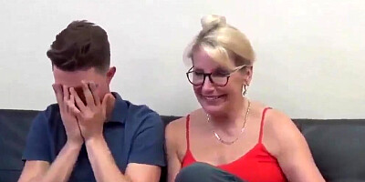 German mature blonde gives a handjob and gets fucked by a stepson