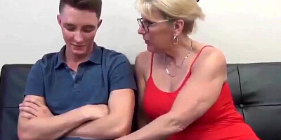 German mature blonde gives a handjob and gets fucked by a stepson