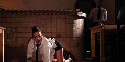 Housemaid is fucked in face and wet pussy by a boss