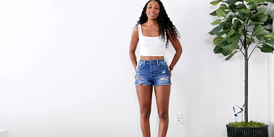 Adorable ebony girl with a natural body is passionately bouncing on a stiff prick