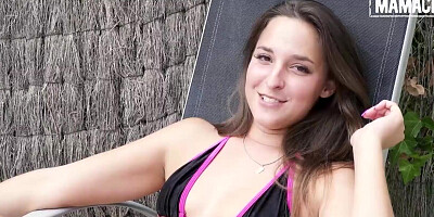 Lovely brunette doll is riding lad's BBC out in the open