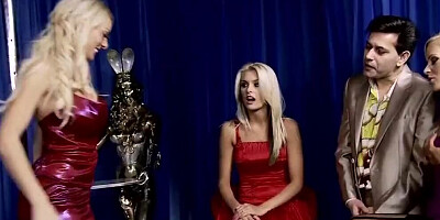 Four naughty MILFs are making out while fucking with two guys