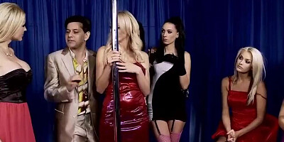 Four naughty MILFs are making out while fucking with two guys