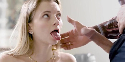 Foxy blonde Riley Star is riding stepdad's cock on the couch