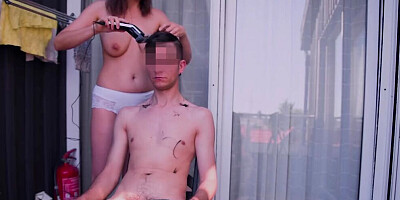 MarVal - My stepmother making a haircut for me naked in public, she loves exhibitionism on the balcony