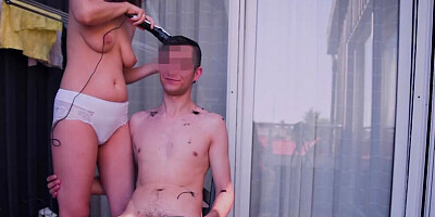 MarVal - My stepmother making a haircut for me naked in public, she loves exhibitionism on the balcony